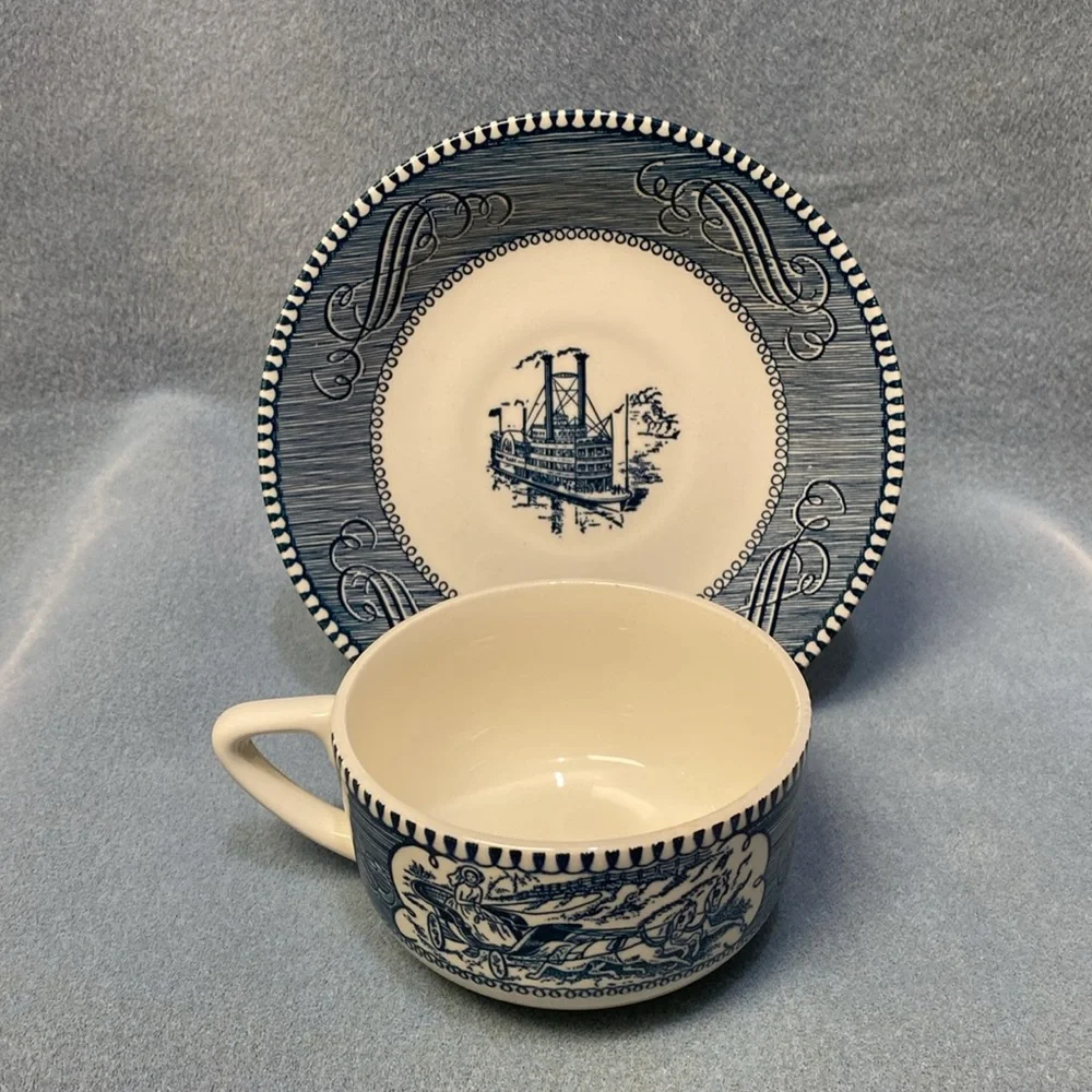 Blue CURRIER AND IVES BLUE CHINA COFFEE CUP AND SAUCER